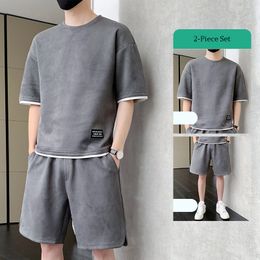 Men s Tracksuits Suede Tracksuit Mens Summer Sets O Neck Short Sleeve Shorts Fashion Solid Color Sport Suit Men Loose T shirts 2 Piece Set 230411