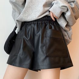 Women's Shorts LJSXLS Autumn Casual A-Line Elegant PU Leather Shorts Women's Loose Leg Winter High Waist Black Shorts Pantalones Cortos 230412