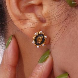 Stud Earrings 2023 Women's Vintage Inlaid Pearl Lacquer Design And 18K Gold-Plated Craft As Holiday Gift