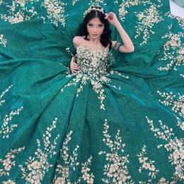 Green Shiny Off Shoulder Floral Quinceanera Gown Gold Floral Applique Lace-up Party Dress Vestidos De 15 Quinceanera Sweetheart Ball Gown