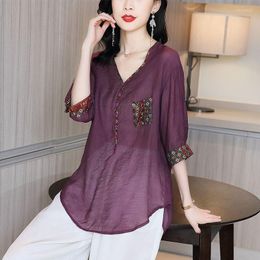 Women's Blouses Retro V-neck Purple Cotton Shirt Women Clothing 2023 Summer Chinese Loose Short Women's Casual A86