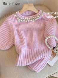 Women's Sweaters Mafokuwz Short Sleeve Knit Sweater Ladies Beaded Neckline Niche Chic Slim Puff Top Korean Style ClothesWomen's Women'sWomen