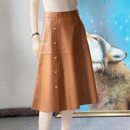 Women's Leather Genuine Skirt Autumn/Winter Fashion Style Light Mature High Waist Slim Sheepskin Half Umbrella Long