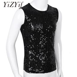 Men's Tank Tops YiZYiF Men's Sequin Tank Top Shiny Crop top Vest Crew Neck Slim Vest Sexy WetLook Tank Top Clubwear Tee Muscle Tank Men Vest Top 230411