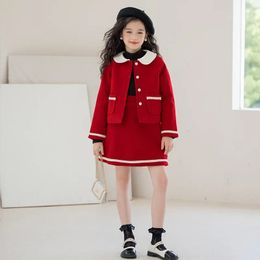 Clothing Sets Girls Oufits Set Autumn Winter Thick Warm Wool Jacket Skirt 2pcs Christmas Teen Children Clothes Fashion Red Years Kids Set 231110