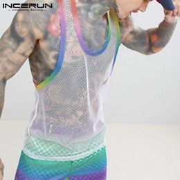 Men's Tank Tops Summer Men Mesh Patchwork Streetwear Sleeveless Sexy Casual Vests Transparent Breathable Workout 5XL INCERUN 230412