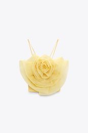 Women's Summer Tanks new yellow color 3D organza gauze big flower spaghetti strap knitted crop top bustier vest camis SML