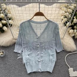 Women's Blouses 2023 Summer Clothes Sweet Western Style Shirt Women Embroidered Ice Silk Short Sleeve V-neck French Cardigan Blouse Tops