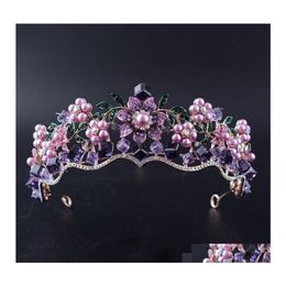 Wedding Hair Jewellery Luxury Baroque Purple Crystal Pearl Bridal Crown Tiara Magnificent Diadem For Bride Headband Acces Otewa Drop D Dhk9O