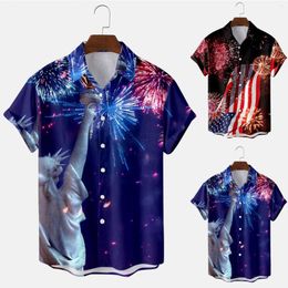 Men's Casual Shirts Mens Independence Day Style V Neck Fashion Slim Painted Lapel Shirt Pearl Snap Down T