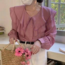 Women's Blouses Chic Fashion Korea Tops Design 2023 Women Cute Japan Girls Solid Ruffles Green Pink White Button Shirts