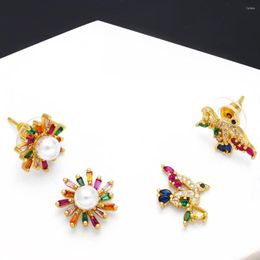 Stud Earrings FLOLA Mini Multicolor Crystal Bird For Women White Pearl Flower Ear Studs Huggie CZ Jewelry Gifts Ersq27