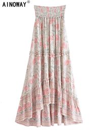 Skirts Vintage Fashion Summer Women's Flower Print Beach Bohemian Long Dress High Elastic Waist Maxi A-Line Bohemian Leather Women's 230412