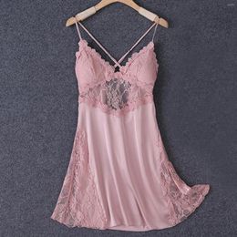 Women's Sleepwear Sexy Lace Suspender Pyjama Padded Satin Silk Nightgown Floral Embroidery Charming Nightdress Casual Home Clothes