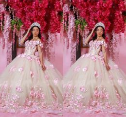 Blush Pink Pearls Floral 3D Flowers Quinceanera Dresses Long Train Off The Shoulder Nude Lining Prom Ball Gown Sweet 16 Dresses 15 Girls