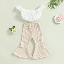 Clothing Sets 1-5 Years Kids Baby Girls Summer Outfits Solid Colour Off-shoulder Lace Crop Top And Ribbed Elastic Flare Pants Clothes Set