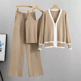 Womens Two Piece Pants Autumn Winter 3 Pieces Set Knitted Long Sleeve Pullovers Sweater Casual Patchwork Fashion Women Tops And Suits Spring 231110