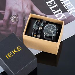 Wristwatches Boys Watch And Bracelets 4Pcs/Set Fashion Man Casual Waterproof Calendar Leather Clock With Gift Box Set