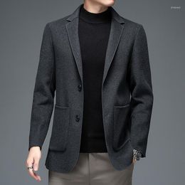 Men's Suits Stylish Men Gray Black Cashmere Woolen Blazers Notched Collar Side Pockets Design Sheep Wool Blend Suit Jacket Male Outfis 2023