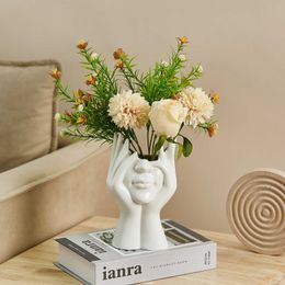 Vases Nordic Flower Vase Human Face Art Vase Modern Sculpture White Body Half Face Flower Planter Pot Living Room Desktop Decoration P230411