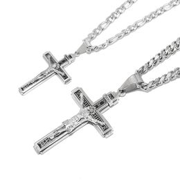 Pendant Necklaces 316L Stainless Steel Large/Small Charm Religious Crucifix Jesus Cross Necklace Multilayer 24''