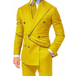 Yellow Double Breasted Slim fit Suits for Men Peaked Lapel Custom 2 piece Wedding Groom Tuxedos Man Fashion Clothes Set Jacket 2012306