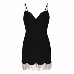 Women party dresses luxury design diamonds rhinestone spaghetti strap black Colour tassel fringe bottom short vestidos SMLXL