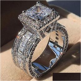 Rings Vintage Court Mens Ring Sier Princess Cut Cz Stone Engagement Band For Women Jewelry Gift Drop Delivery Dhgarden Otoqj