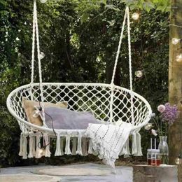 Camp Furniture Double Hammock Chair Macrame Hanging Swing With Cushion Cotton Ropes Metal Frame 450 Lbs Capacity Indoor Outdoor Patio