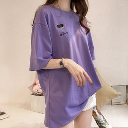 Women's T Shirts Casual Oversize Women Summer 2023 Loose Workout Tees O Neck Embroidery Purple Short Sleeve Top Korean Fashion Clothing