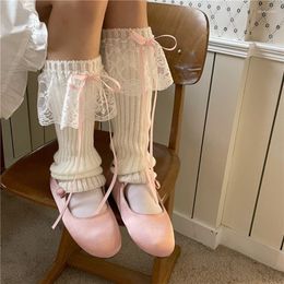 Women Socks Harajuku Japanese Bow Tie Lace Warm Feet Cover Lovely Lolita Knitted JK Autumn Winter Crochet Boot Cuffs