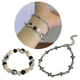Link Bracelets Chinese Tai Chi Skeleton Beaded Bracelet Retro Bangle Advanced Feeling Stackable Cross Charm Hand Chain Jewelry Gift