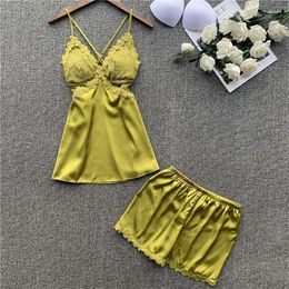 Women's Sleepwear 2023 Sexy Spring Camisole Shorts Pajamas Twinset Princess Wind Lace Reveal Back Silk Pijama