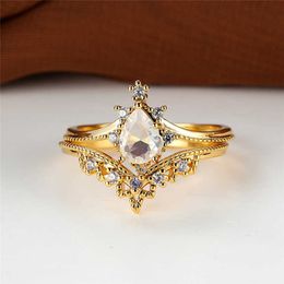 Band Rings White Zircon Water Drop Crown Rings Dainty Gold Colour Wedding Ring Sets Pear Cut Moonstone Engagement Ring Set For Women Jewellery AA230412