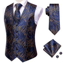 Men's Vests Hi-Tie Navy Paisley 100% Silk Dress Vest Set For Men Dark Blue Jacquard Men's Suit Vest Male Waistcoat For Wedding Formal Jacket 230412
