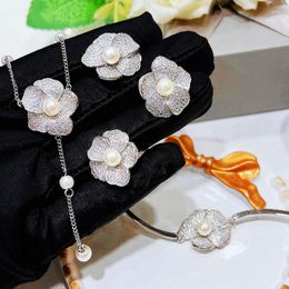 Necklace Earrings Set SINZRY Lady Costume Jewelry Cubic Zirconia Pearl Flower Choker Earring Bracelet Ring