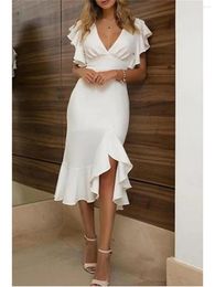 Party Dresses Sheath / Column White Sexy Homecoming Cocktail Dress V Neck Short Sleeve Asymmetrical Polyester With Ruffles 2023 Ladies