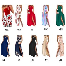 Casual Dresses Sexy Sleeveless One Shoulder Maxi Long Dress Irregular Hollow Out Ruched Wrap Front Side High Split Pleated Flowy Gown