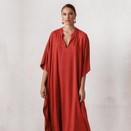 Women's Swimwear Long Red Kaftan Plus Size V-neck Maxi Dress Summer Clothing Women Beach Wear Swim Suit Cover Up robe de plage sarong Q1344 230412