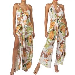 Women's Two Piece Pants Suits Women Sexy Chest Wrap Short Top Folds Ruffle Long Slit Sets Ladies Elegant Floral Print Party Sleeveless