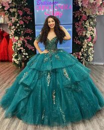 Hunter Green Quinceanera Dresses Applique Lace Vestido Deputante 15 Anos Off Shoulder Mexican Girls Birthday Party Gowns