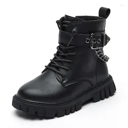 Boots Children Soft-soled Girls Tide Autumn And Winter Warm British Style Boys Leather Student Metal Chain