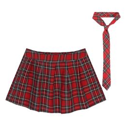 Skirts Women Schoolgirls Role Play Costume Fancy Dress Ball Outfit Zipper Plaid Pleated Mini Skirt Necktie Set Sexy Cosplay Uniform 230412