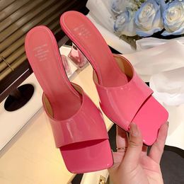 Slippers 2023 Summer INS Women Shoes Solid Spike High Heel Pink Peep Toe Patent Leather Pumps Shallow Zapatillas Mujer