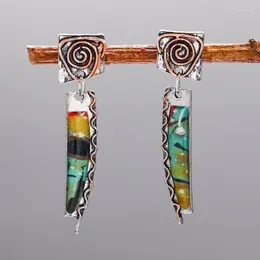 Dangle Earrings Tribal Spiral Colorful Resin Stone Drop For Women Vintage Bronze Metal Painting Pattern Geometric Earring Jewelry Gifts