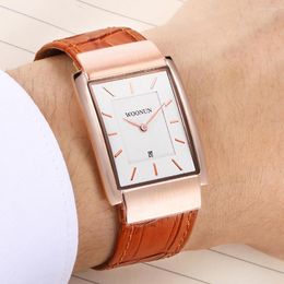 Wristwatches Herenhorloge 2023 WOONUN Mens Watches Top Rose Gold Rectangle Watch Leather Band Quartz Ultra Thin For Men