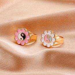 Cluster Rings Cute Enamel Flower Chinese TaiChi Bagua Finger Bands Knuckle Joint Ring For Women Female Party Gifts Jewelry