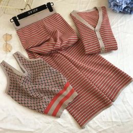 Women's Two Piece Pants 3 PCS Sets Striped Cardigan Jacket Suspender Vest Side Slit Skinny Broad-legged Women Early Autumn Outfit