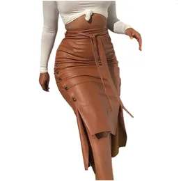 Skirts Women Trendy Pu Leather Midi Skirt High Waist Lace-up Wrap Side Button Slim Skinny Pencil Ladies Streetwear