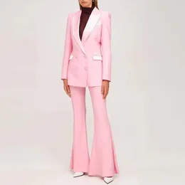 Women's Two Piece Pants Sets Of Women 2 Pieces Elegant Pink Professional Fashion Double-Breasted Buttoned Mid-Length Suit Flared Trousers